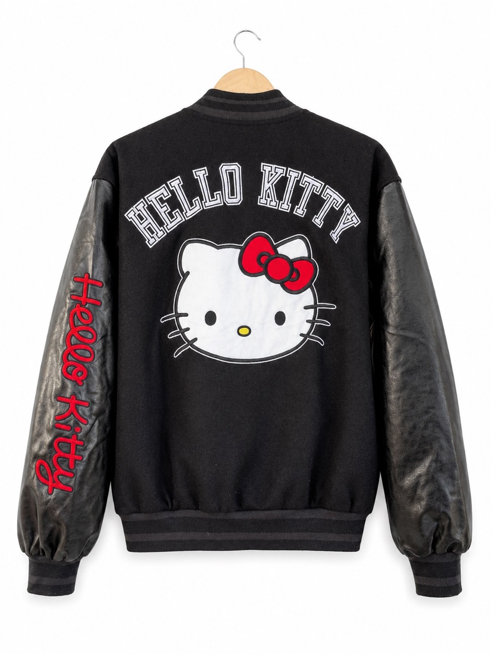Hello Kitty Varsity Jacket L Black Faux Leather Letterman Kawaii Streetwear